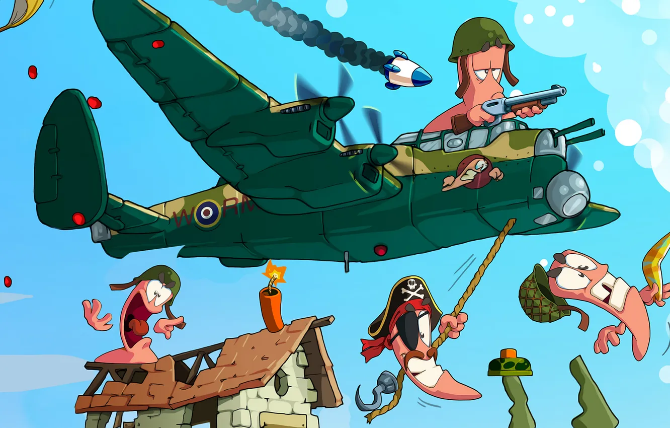 Photo wallpaper the plane, rope, pilot, dynamite, mine, Worms, Worms