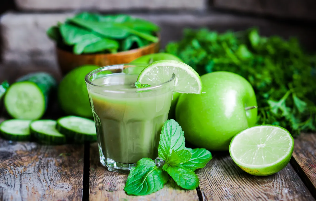 Photo wallpaper greens, Apple, juice, lime, cucumbers, lime, cucumber, parsley