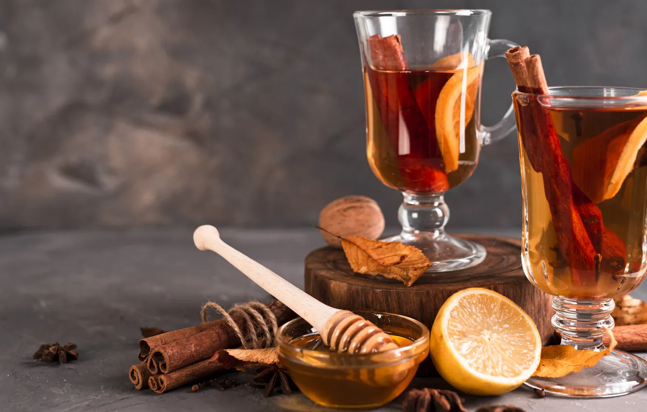 Photo wallpaper glass, glass, lemon, tea, glass, honey, drink, cinnamon