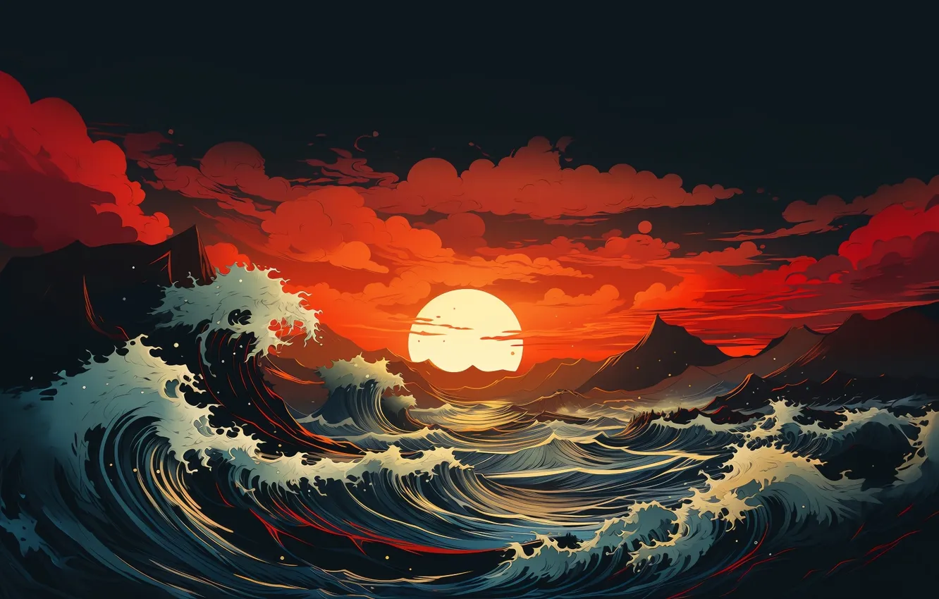 Photo wallpaper sunset, tide, crimson