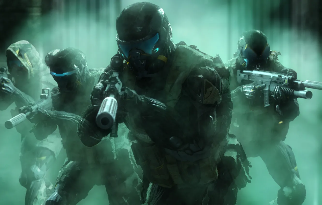 Photo wallpaper rendering, weapons, soldiers, helmet, crysis, squad, nanosuit, Crytek