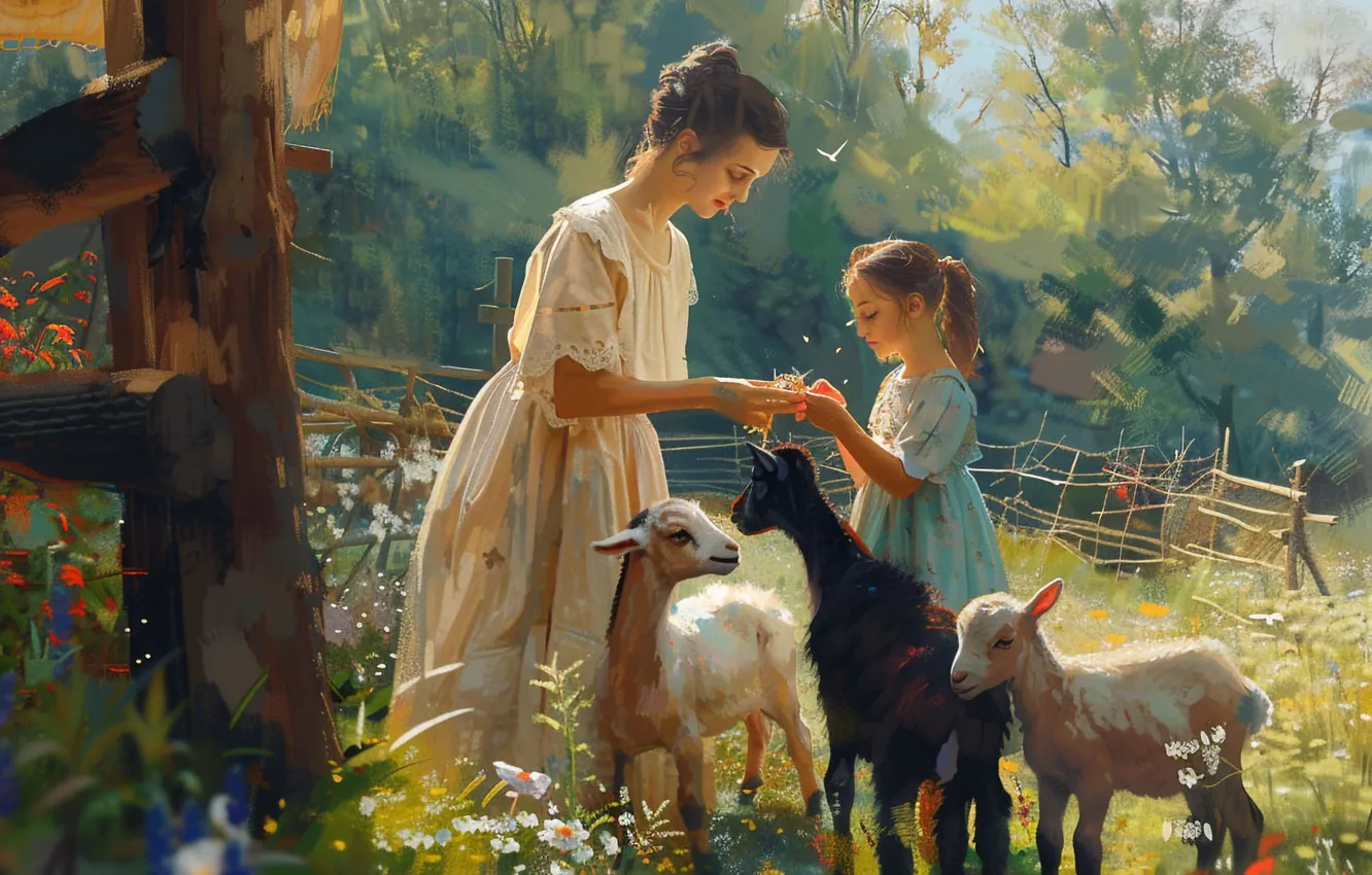 Photo wallpaper girl, flowers, digital art, goat, AI art, The Art of Artificial Intelligence, neural network