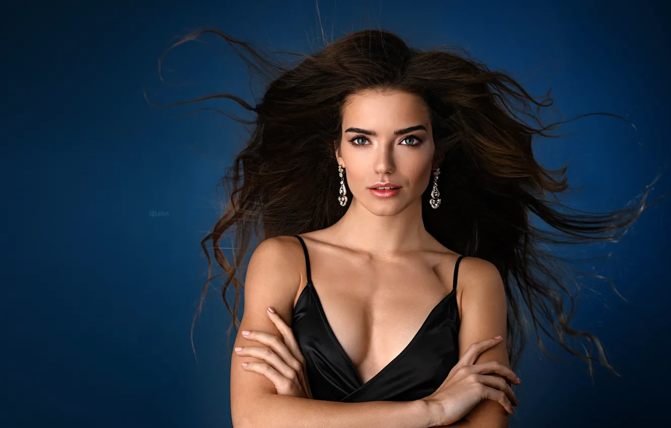 Photo wallpaper look, pose, background, model, portrait, makeup, dress, hairstyle