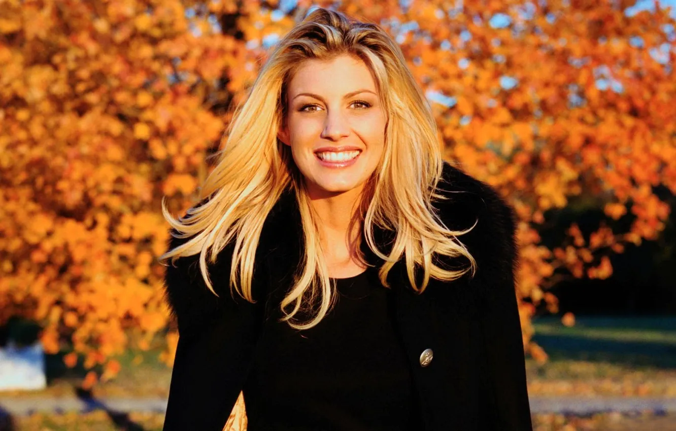 Photo wallpaper autumn, trees, face, smile, blonde, coat, Faith Hill