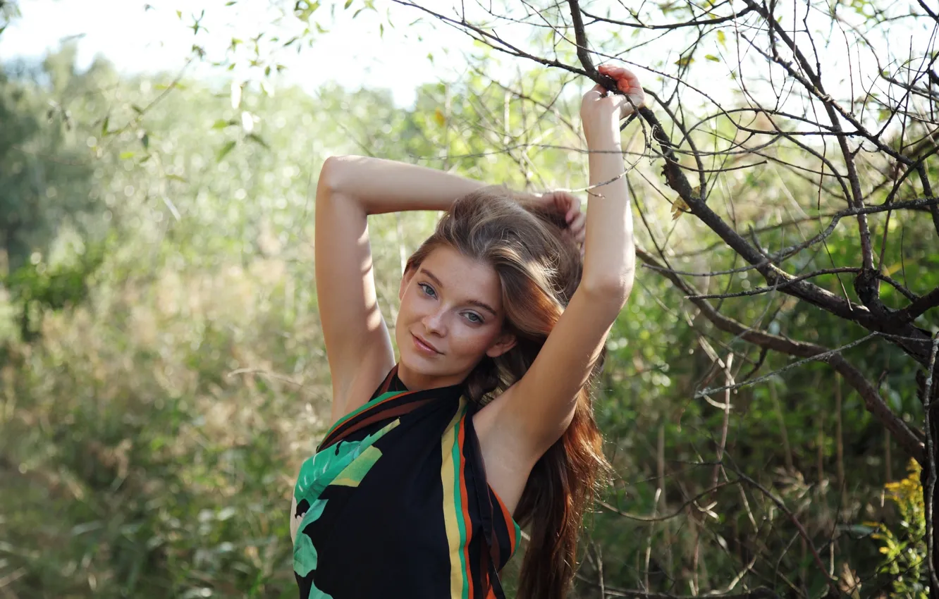 Photo wallpaper girl, Angelina, panties, legs, girls, brown hair, nature, sexy girl