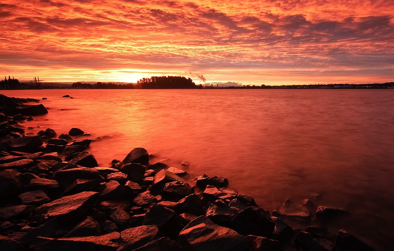 Photo wallpaper water, clouds, sunset, red, stones