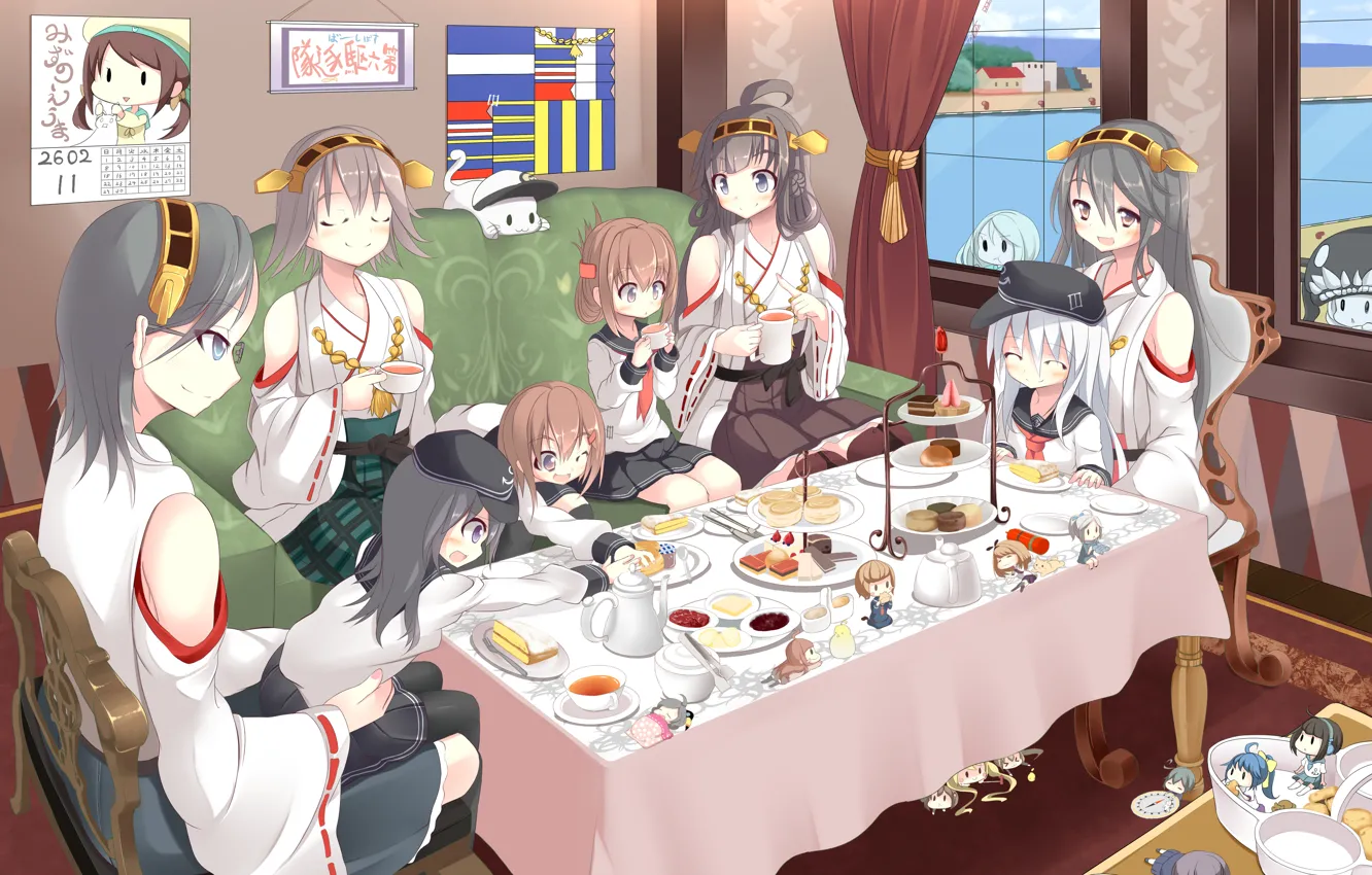 Photo wallpaper Akatsuki, kantai collection, kongou, girl holding a cat, Inazuma, Ikazuchi, Haruna, Kirishima