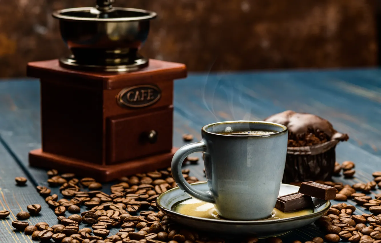 Photo wallpaper coffee, chocolate, grain, Cup, aroma, coffee, cupcake, coffee grinder