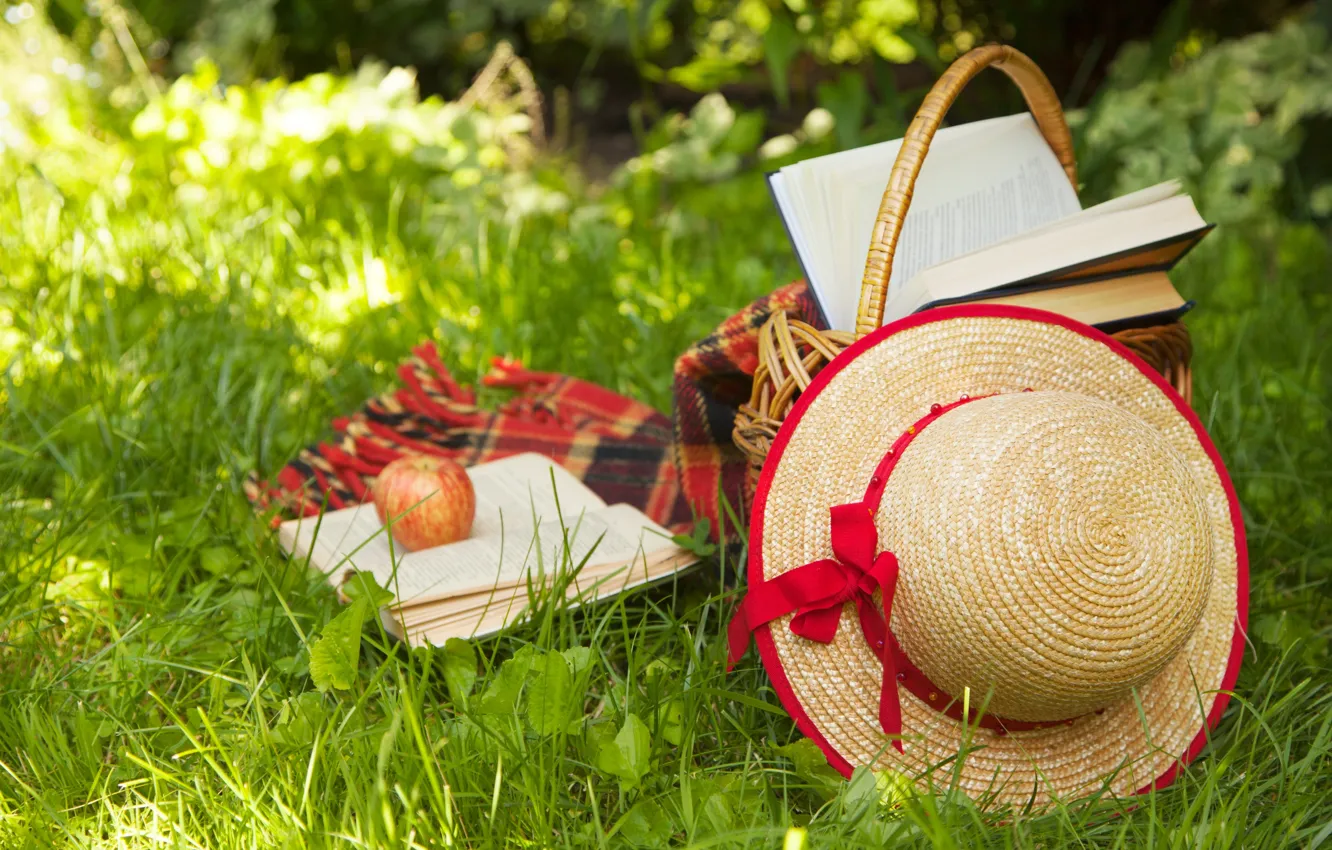 Photo wallpaper summer, grass, nature, basket, books, Apple, hat, hat