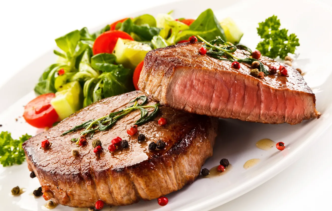 Photo wallpaper meat, vegetables, tomato, salad, meat, vegetables, spices