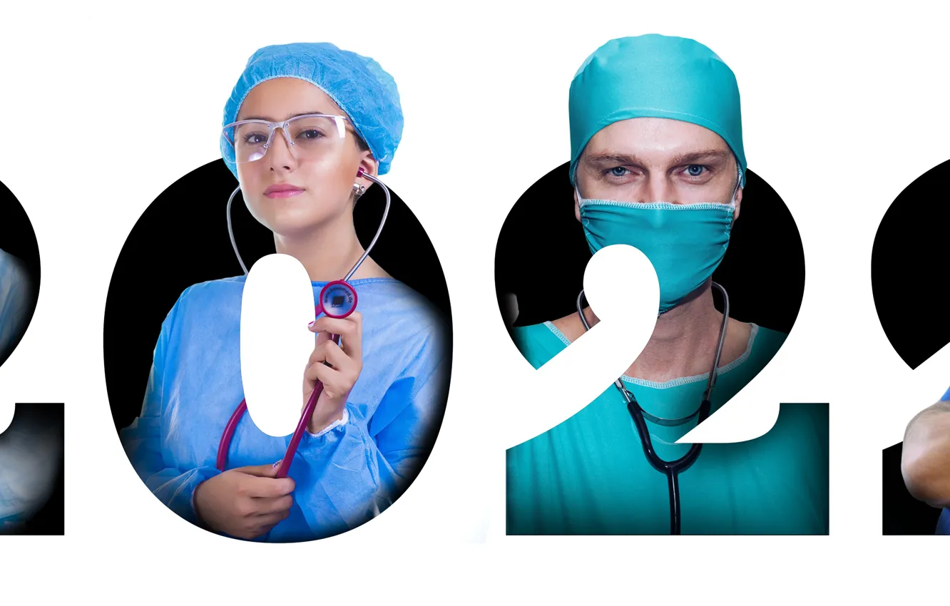 Photo wallpaper collage, people, new year, protection, Dr., white background, hospital, medicine