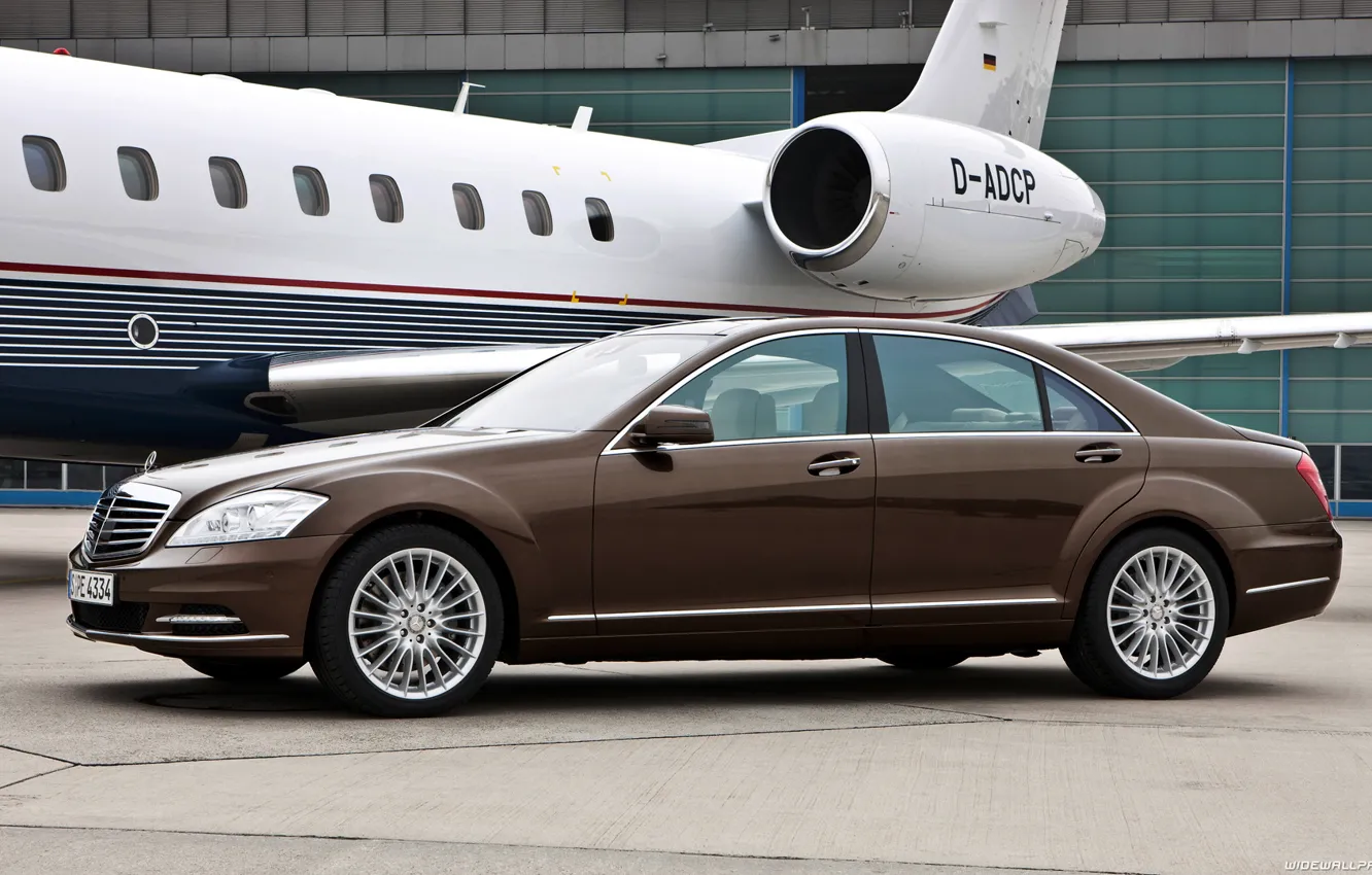 Photo wallpaper car, machine, Mercedes, plane, S-Class, car and plane