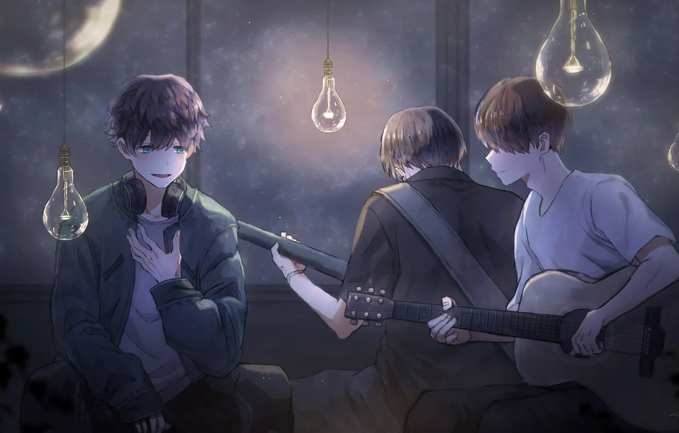 Photo wallpaper guitar, headphones, guy, light bulb