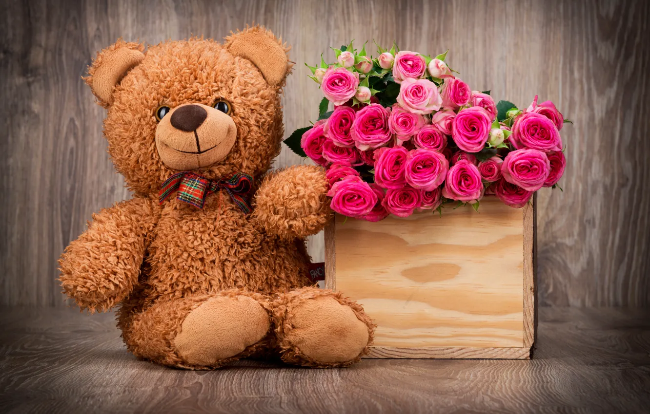 Photo wallpaper basket, roses, bouquet, bear, bear, pink, flowers, romantic