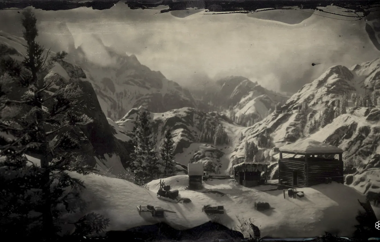 Photo wallpaper HDR, game, wood, winter, mountain, UHD, Red Dead Redemption 2, XBox One X