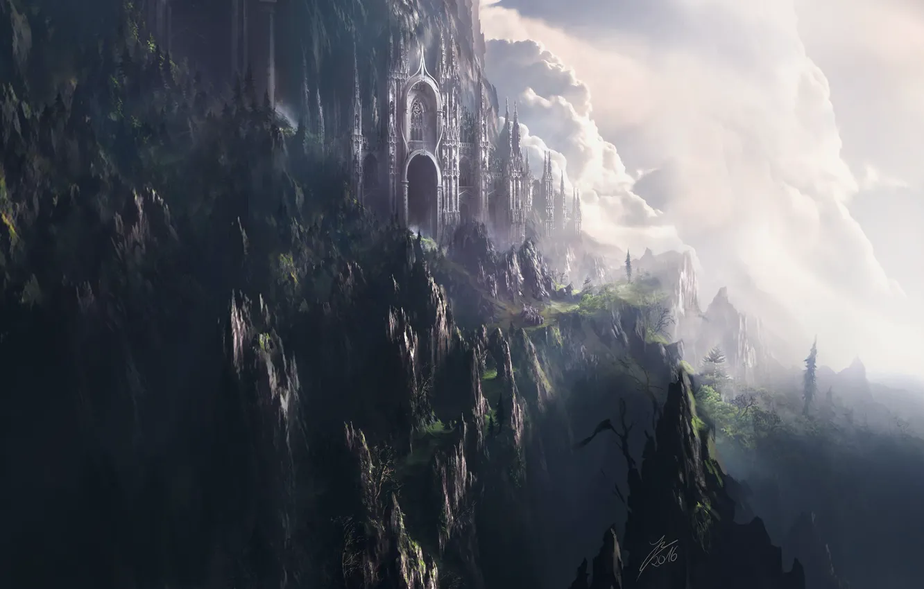 Photo wallpaper clouds, mountains, castle, rocks, Sanctuary