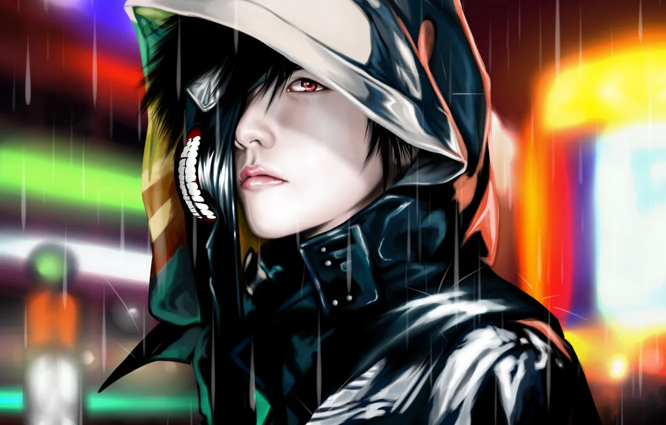 Photo wallpaper rain, mask, hood, guy, Tokyo ghoul, Tokyo Ghoul