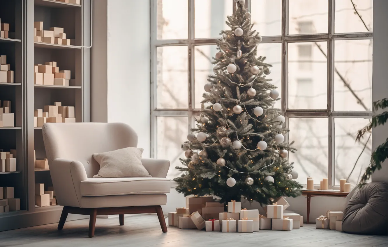 Photo wallpaper decoration, room, sofa, gift, balls, tree, new year, home
