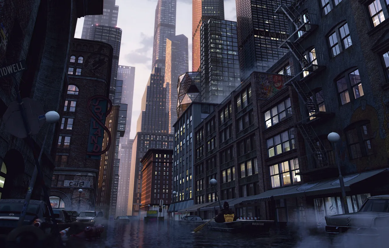 Photo wallpaper machine, the city, rendering, boat, people, building, skyscrapers, the flood