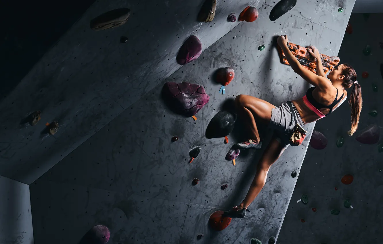 Photo wallpaper wall, woman, training, climbing