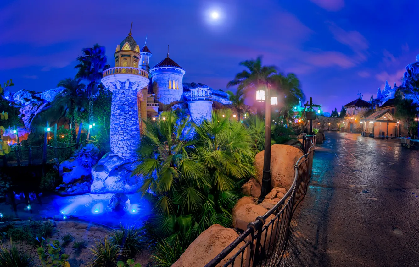 Photo wallpaper Lights, Night, The city, Castle, Disneyland