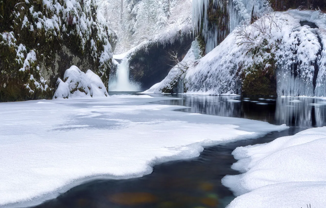 Photo wallpaper winter, forest, snow, river, waterfall