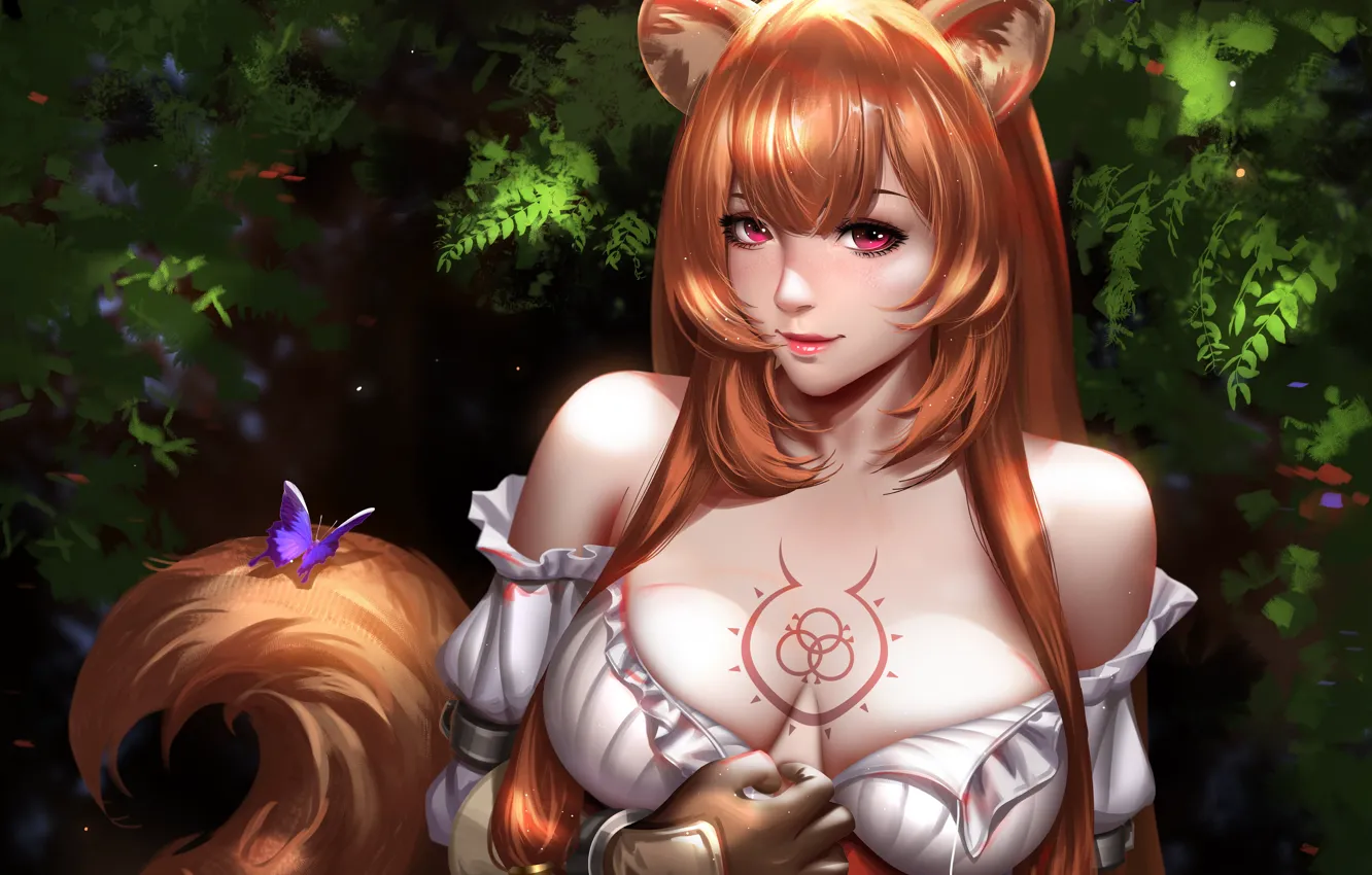 Photo wallpaper girl, sexy, cleavage, blouse, long hair, nature, boobs, anime