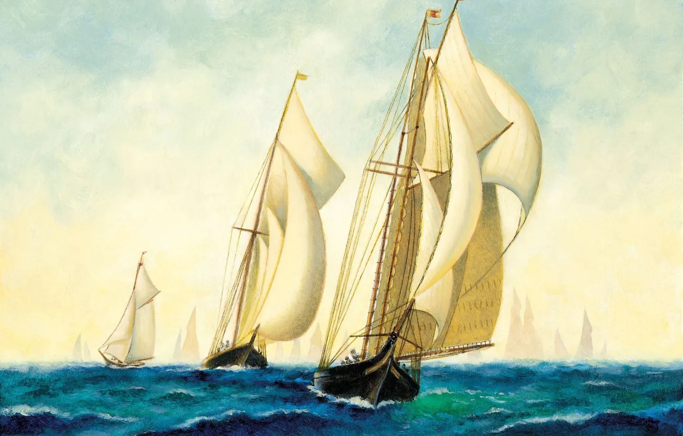 Photo wallpaper sea, ships, art, Navy, painting, squadron, sailboats.