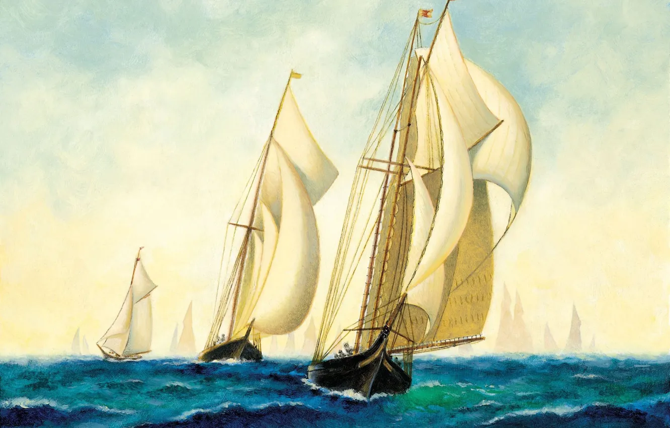 Photo wallpaper sea, ship, art, Navy, painting, squadron, sailboats.