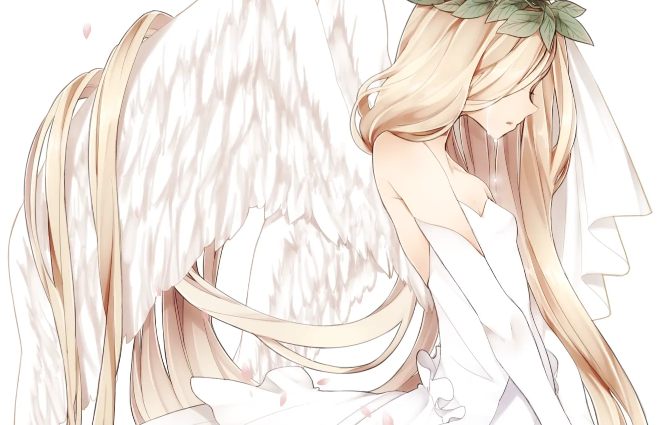 Photo wallpaper leaves, girl, wings, angel, anime, petals, Sakura, tears