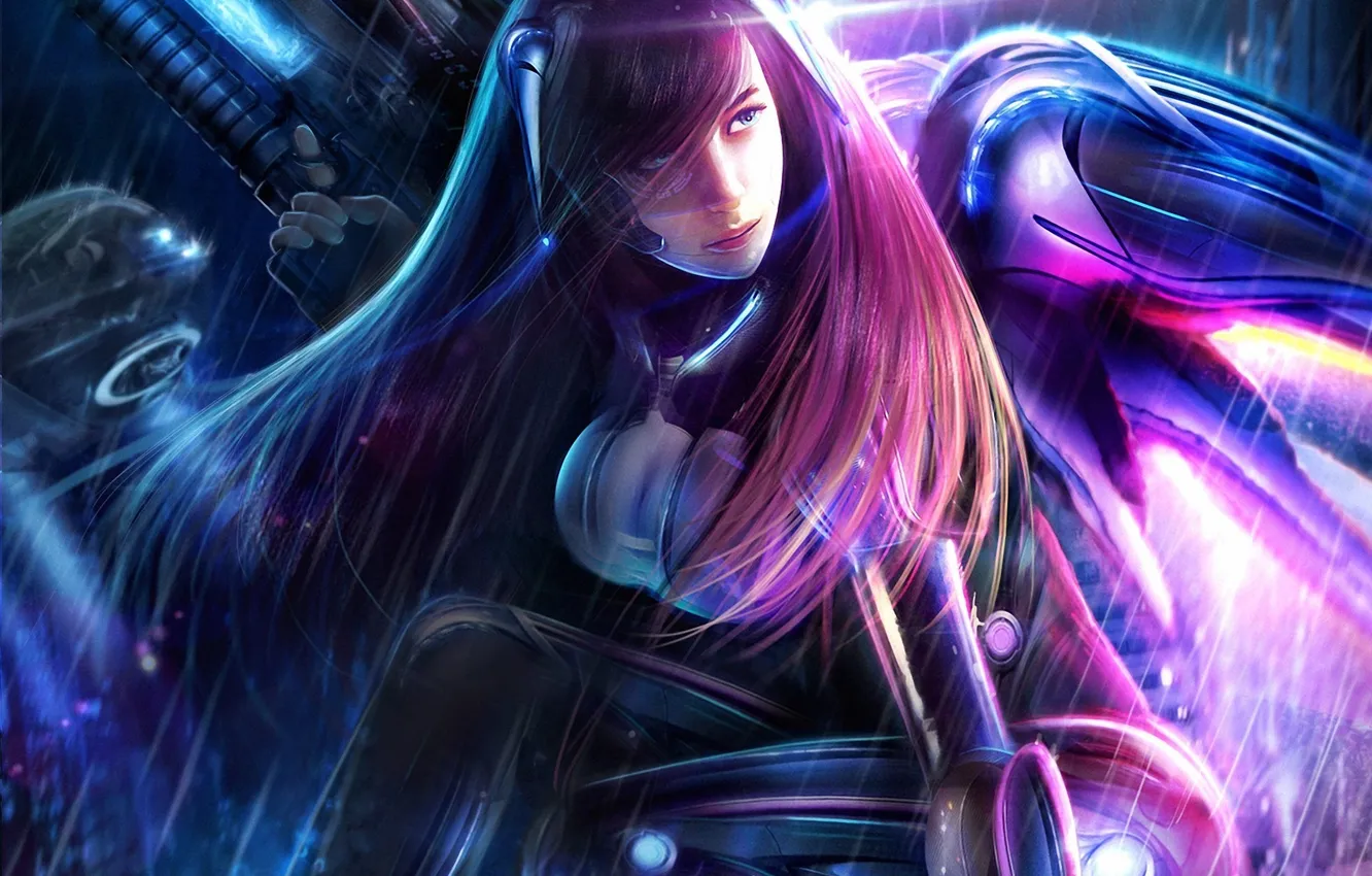 Photo wallpaper girl, weapons, rain, wings, art