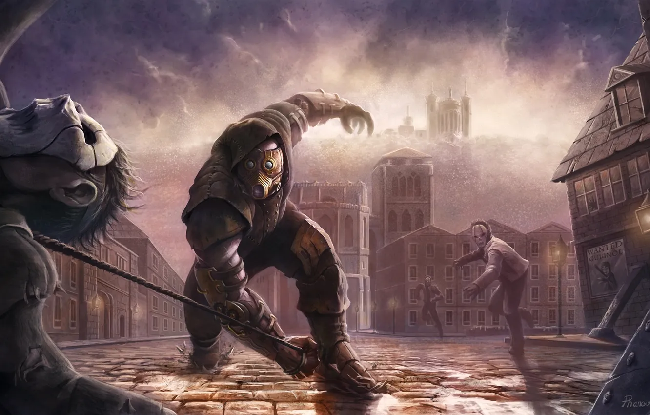 Photo wallpaper the city, pavers, mask, art, attack, battle, guy, whip