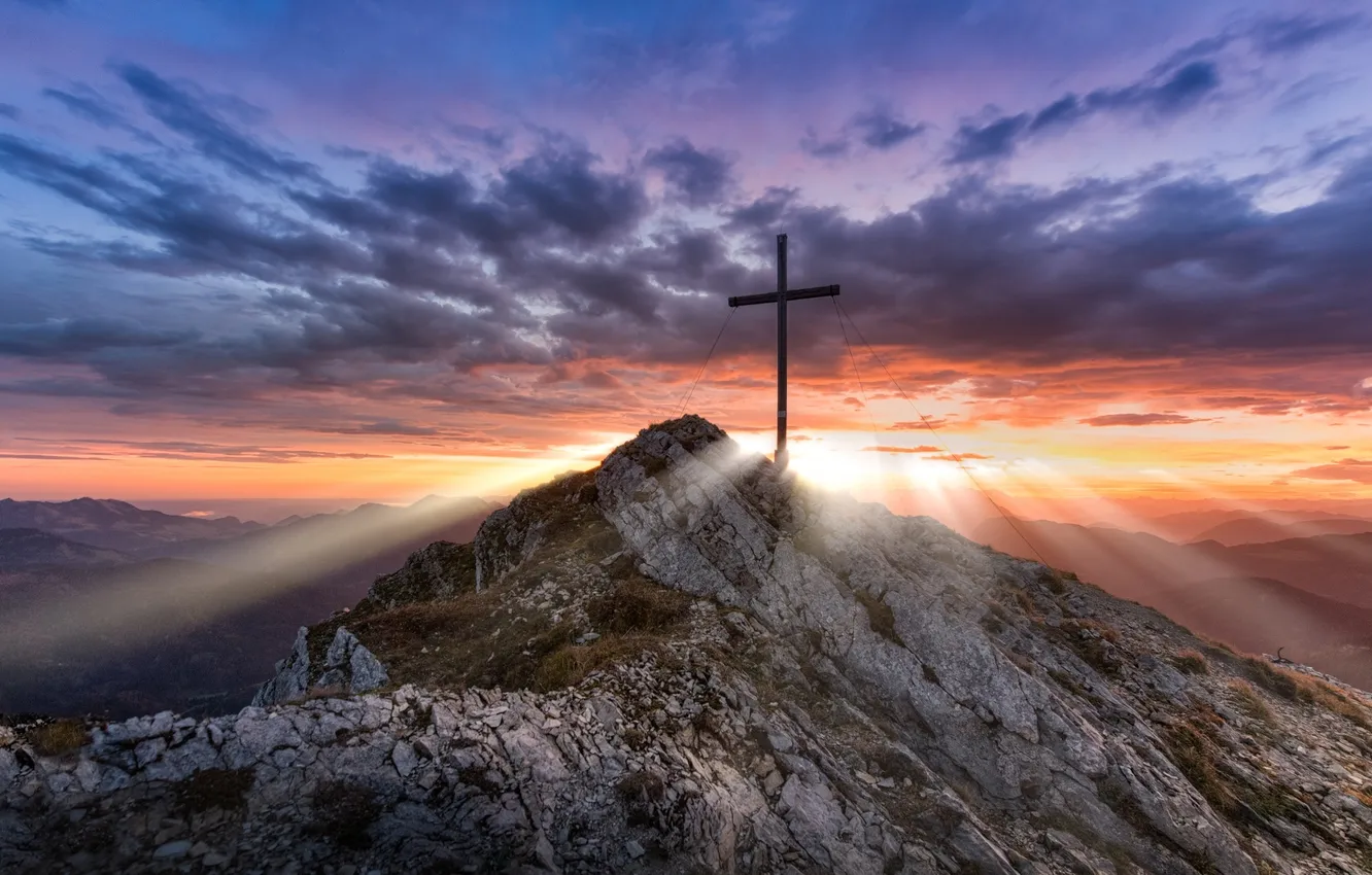 Photo wallpaper sunset, mountains, nature, height, cross, valley, panorama
