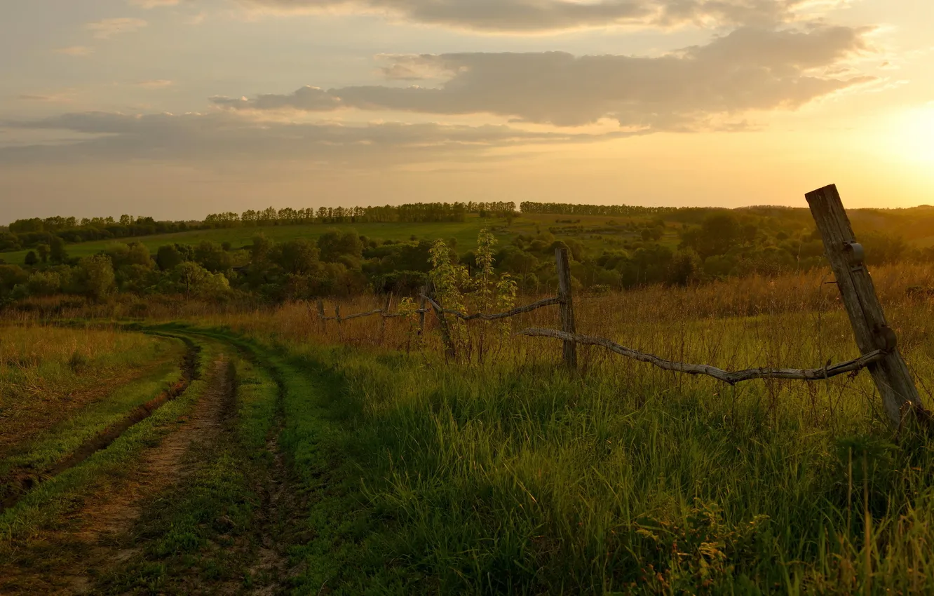 Photo wallpaper road, field, landscape, sunset, nature, the fence
