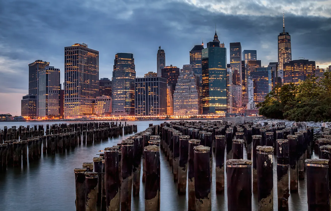 Photo wallpaper the city, lights, river, building, New York, skyscrapers, the evening, support