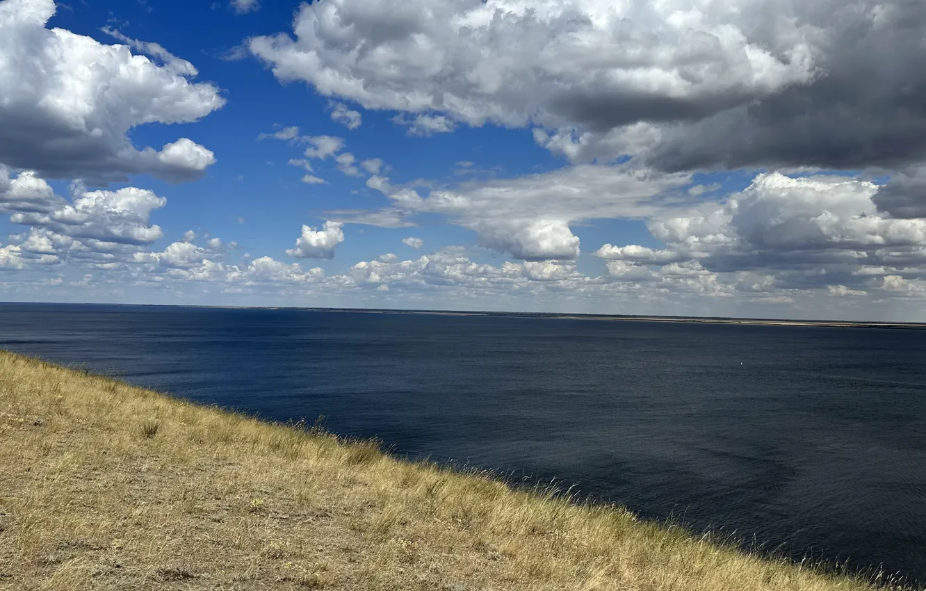 Photo wallpaper clouds, river, the wind, shore