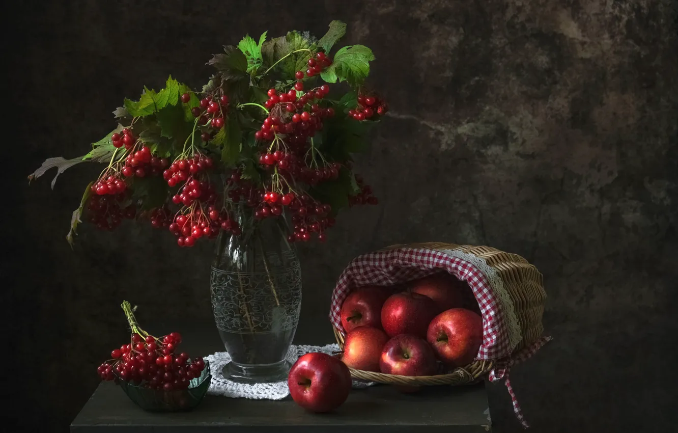Photo wallpaper leaves, branches, berries, the dark background, apples, bouquet, fruit, red