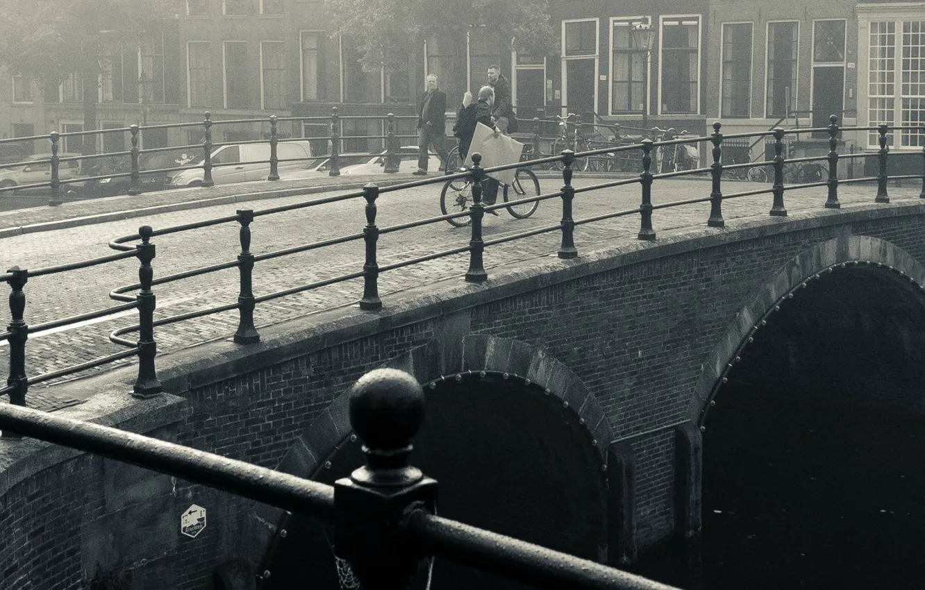 Photo wallpaper bridge, the city, river, black and white, cyclist, pedestrians, 3840x1080