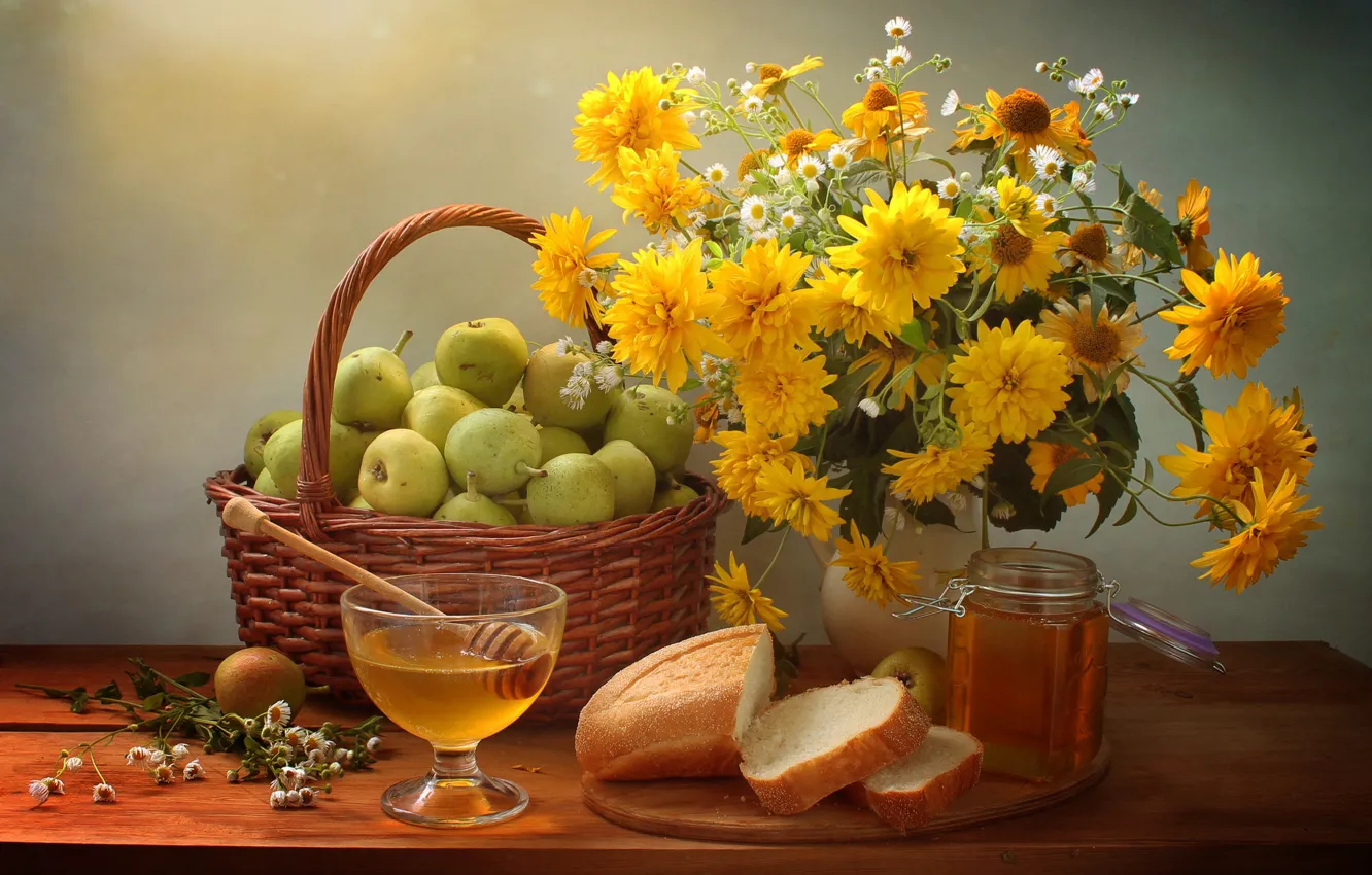 Photo wallpaper flowers, yellow, chamomile, bouquet, honey, bread, Bank, still life