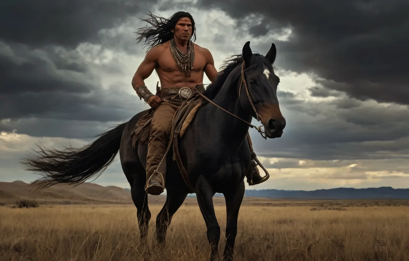 Photo wallpaper clouds, horse, Prairie, Indian, digital art, AI art, The Art of Artificial Intelligence, neural network