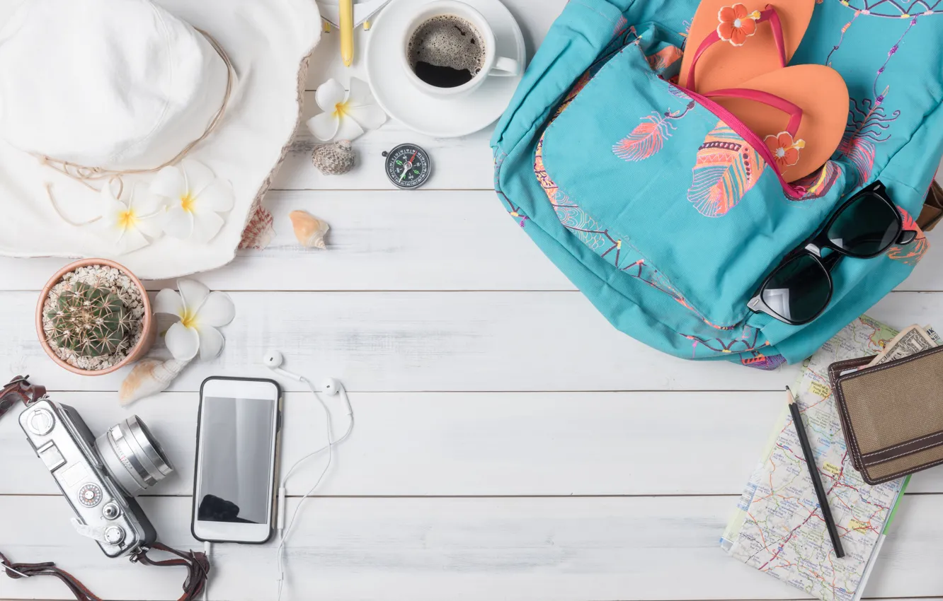Photo wallpaper sea, beach, summer, flowers, coffee, accessory