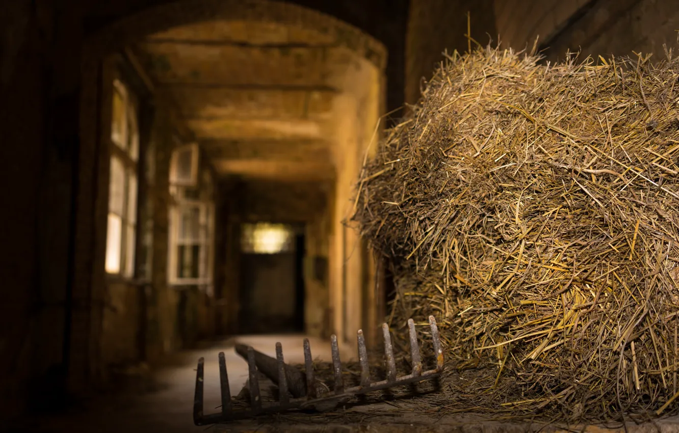 Photo wallpaper the barn, hay, bokeh, rake