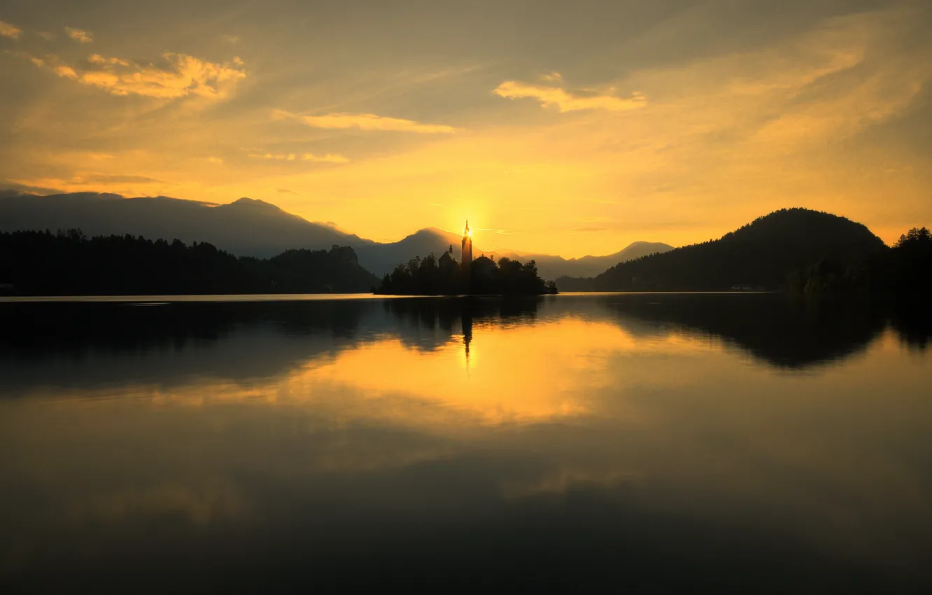 Photo wallpaper lake, dawn, Church, Slovenia, Bled