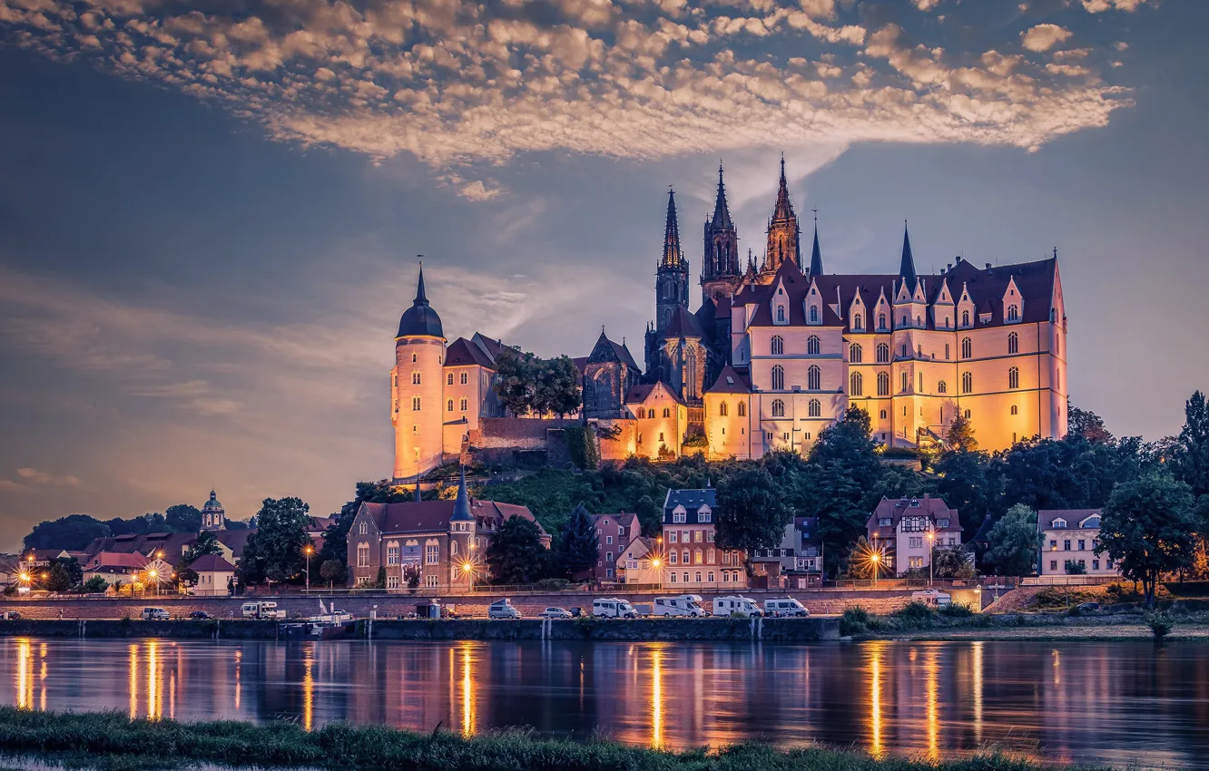 Photo wallpaper the sky, clouds, light, the city, lights, castle, the evening, Germany