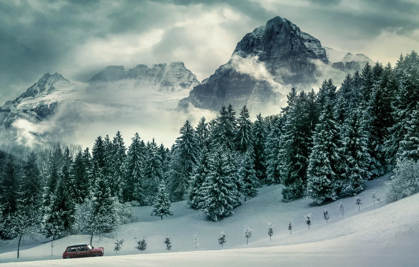 Photo wallpaper winter, road, machine, forest, the sky, clouds, snow, mountains