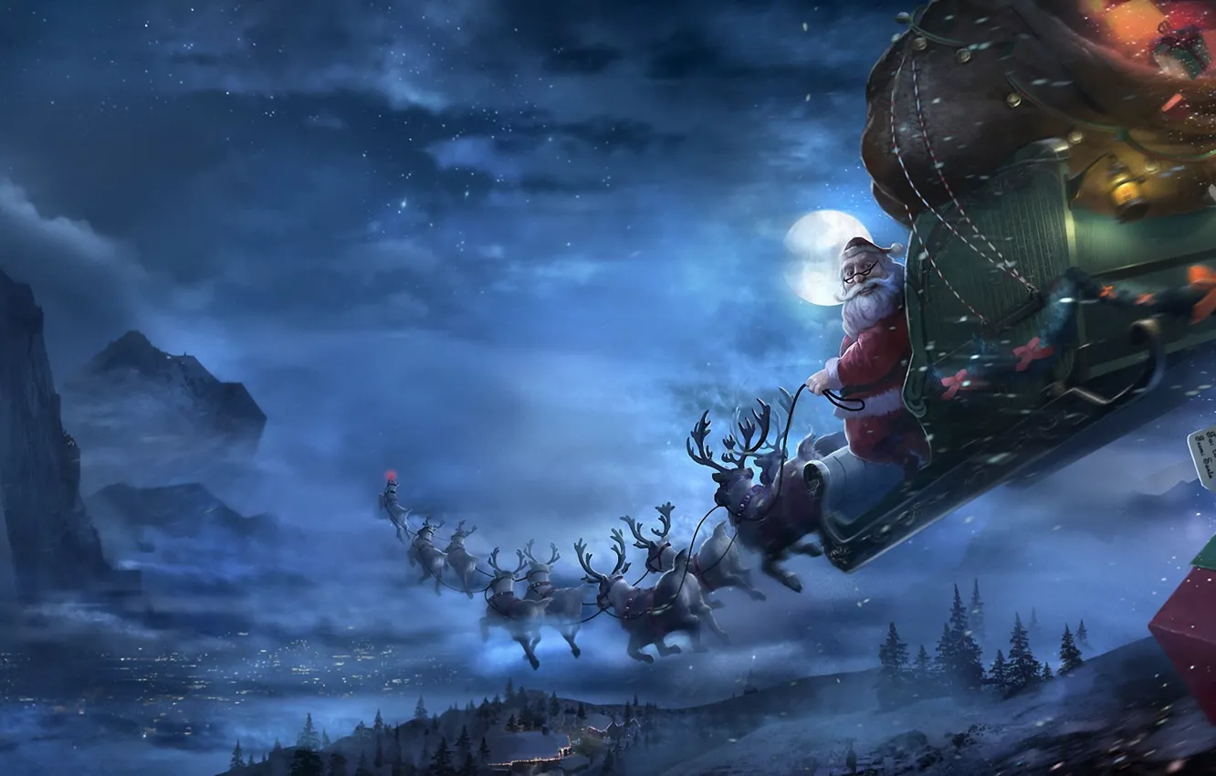 Photo wallpaper winter, snow, flight, night, gift, the moon, new year, deer