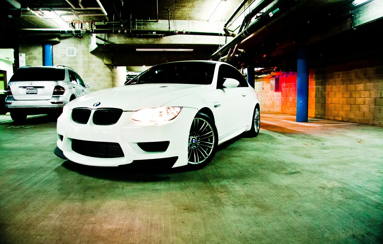 Photo wallpaper white, BMW, coupe, BMW, pipe, Parking, white, Mercedes Benz