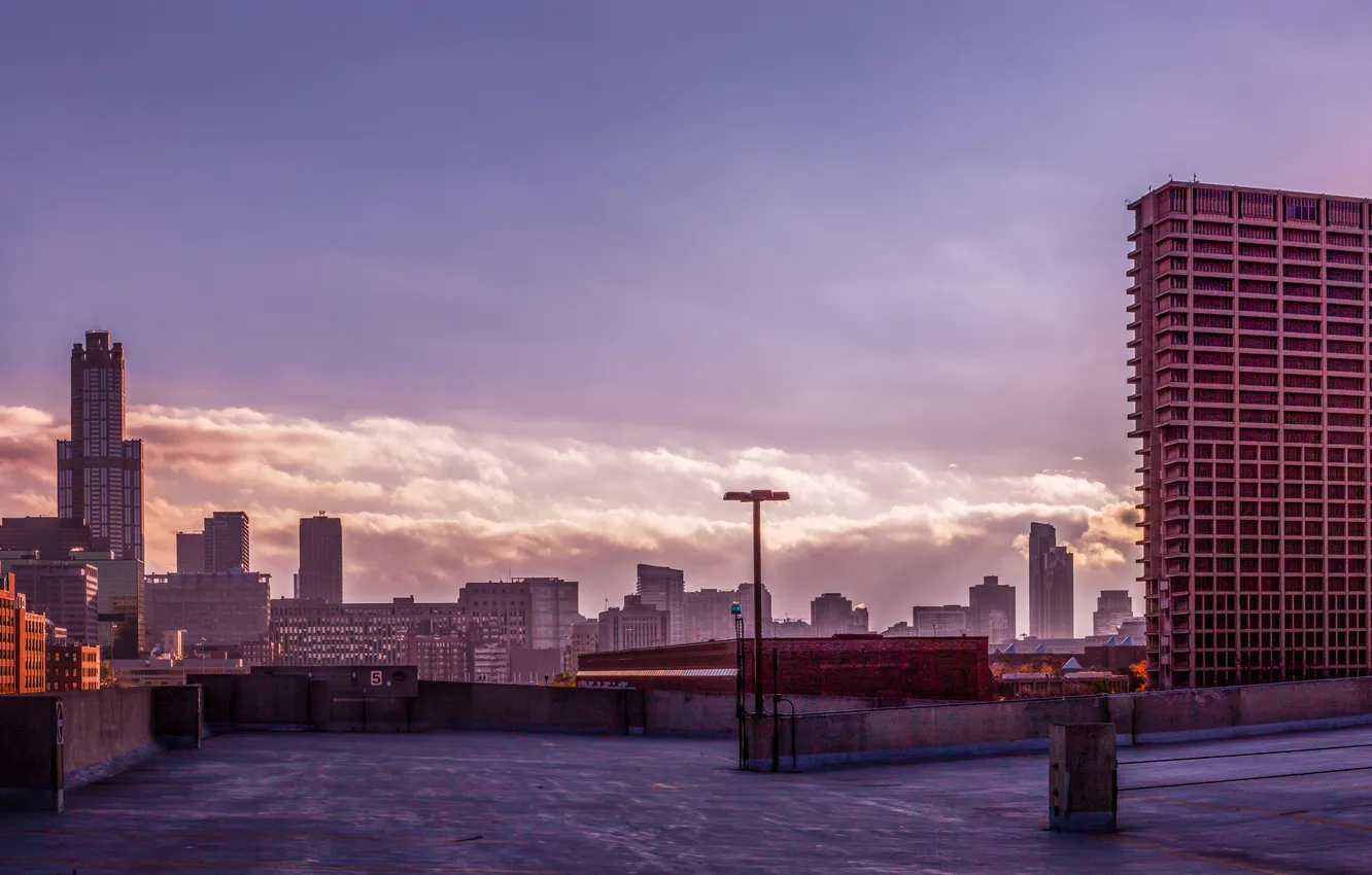 Photo wallpaper the sky, dawn, building, skyscrapers, Chicago, panorama, USA, USA