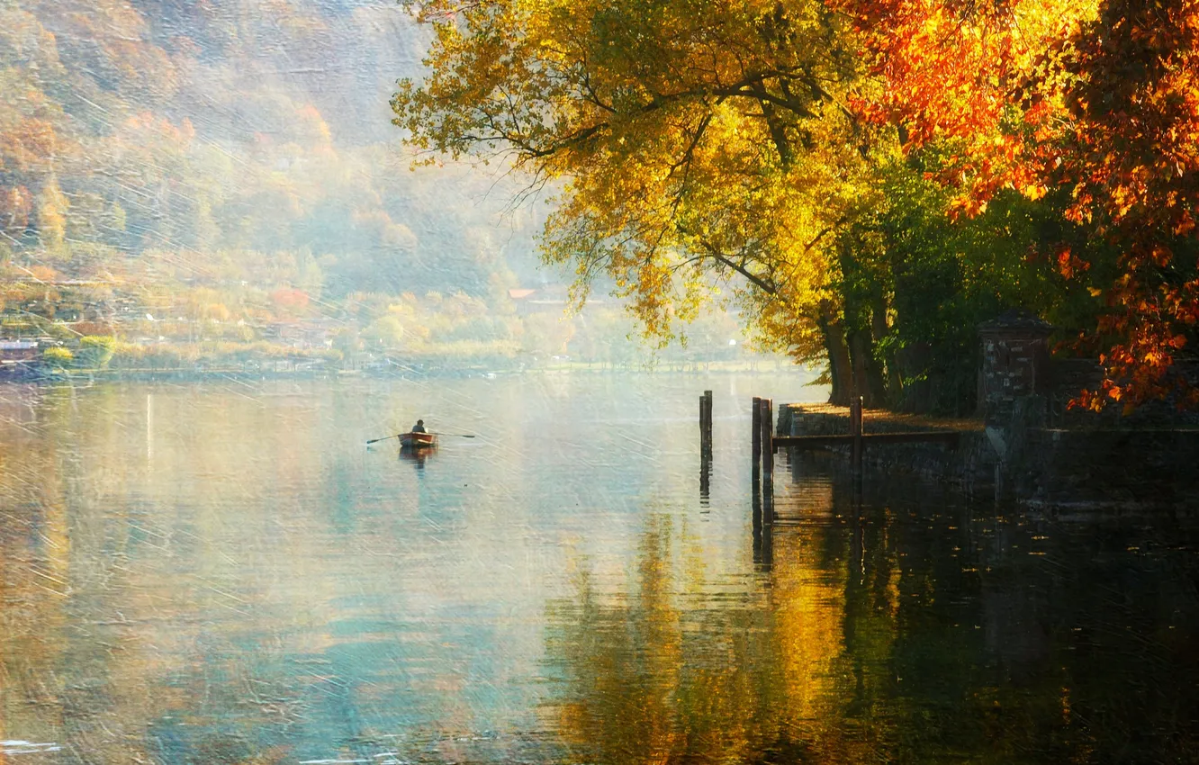 Photo wallpaper autumn, trees, lake, boat, slope