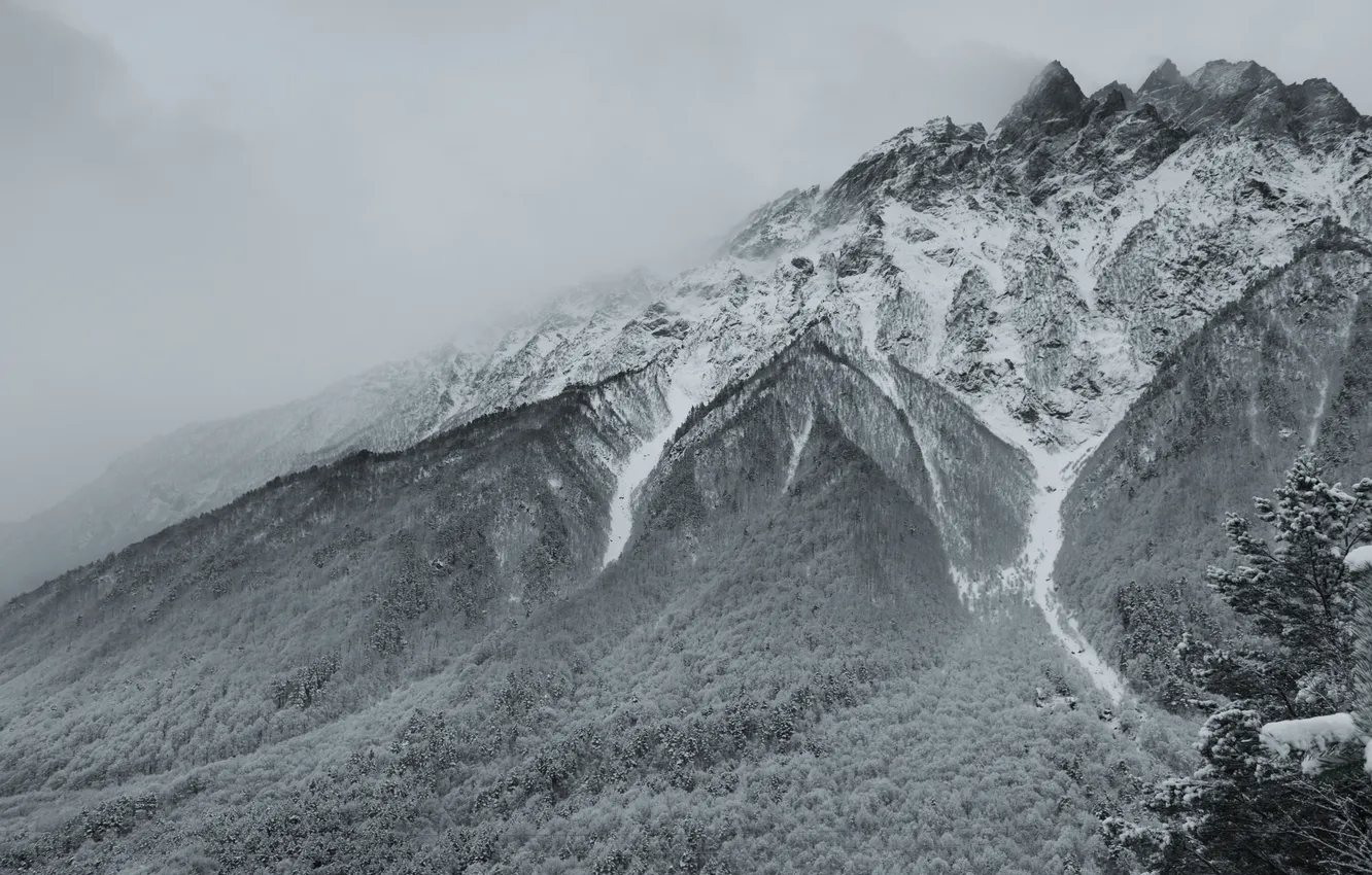 Photo wallpaper mountains, fog, black and white, monochrome, North Ossetia, Batraz Tabuev, This one
